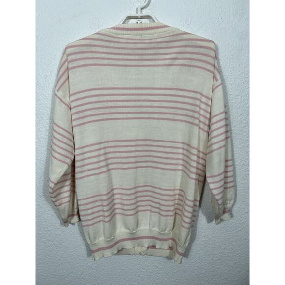 Vintage Andrew St John Sweater Cardigan Size L Pink Striped Acrylic Grandpa Y2K - Picture 10 of 10